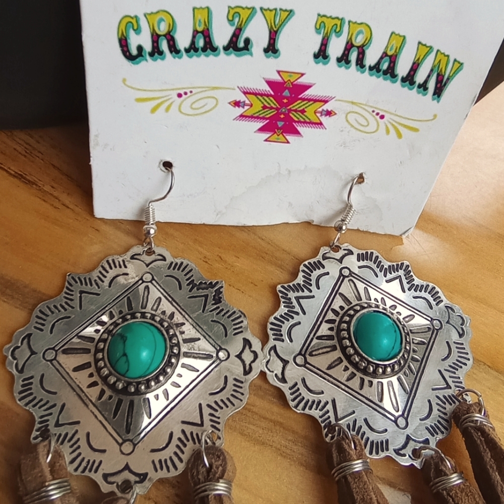 CRAZY TRAIN Square Silvertone & Faux Turquoise Southwest Wire Earrings w/ Fringe